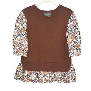 By Anthropologie Sweater Womens Medium Brown Floral Puff Sleeve Knit Ruffle Hem